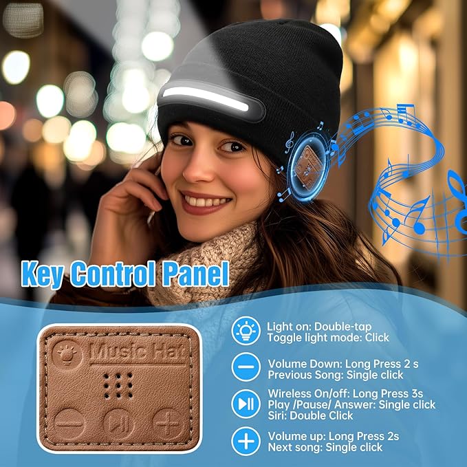 🎁Last Day Promotion 49% OFF🔥Bluetooth Beanie with Light, Unisex USB Rechargeable 4 LED Fashlight Hat with Cordless Headphones
