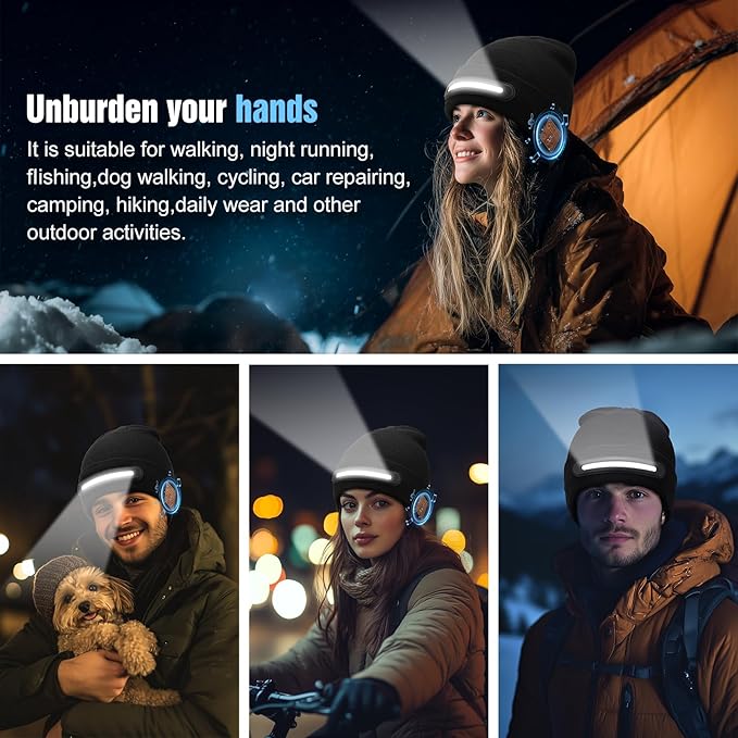 🎁Last Day Promotion 49% OFF🔥Bluetooth Beanie with Light, Unisex USB Rechargeable 4 LED Fashlight Hat with Cordless Headphones