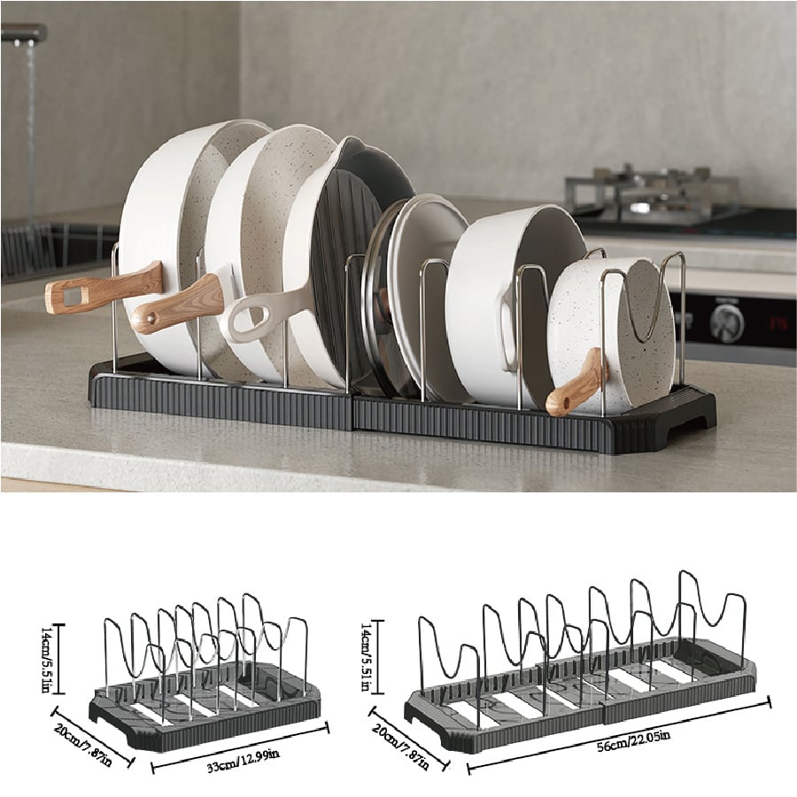 Pots and Pans Organizer Under Cabinet Pot Rack Expandable Pot Lid Holder with  Adjustable Dividers for Kitchen Storage Cutting Boards, Bakeware, Lid