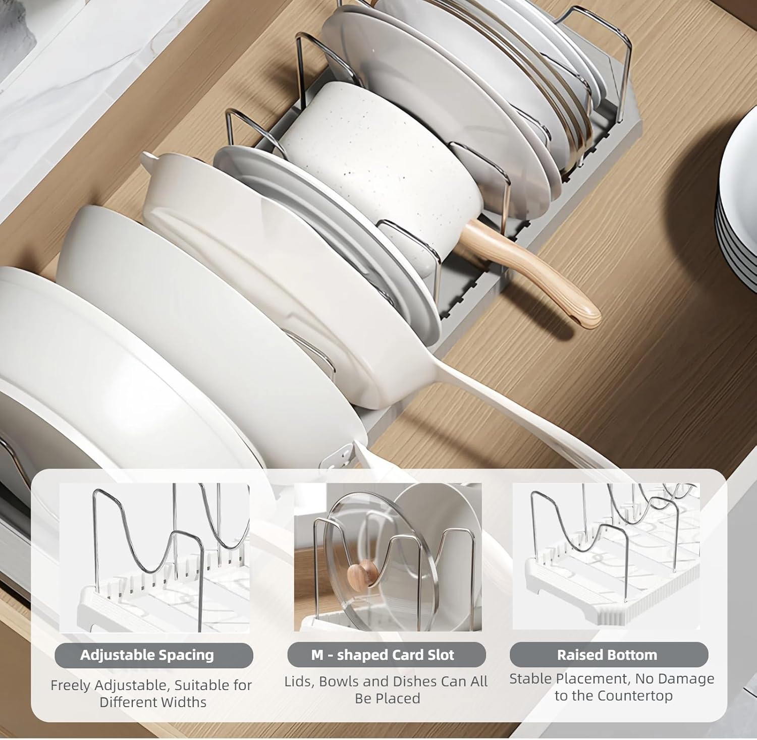 Pots and Pans Organizer Under Cabinet Pot Rack Expandable Pot Lid Holder with  Adjustable Dividers for Kitchen Storage Cutting Boards, Bakeware, Lid
