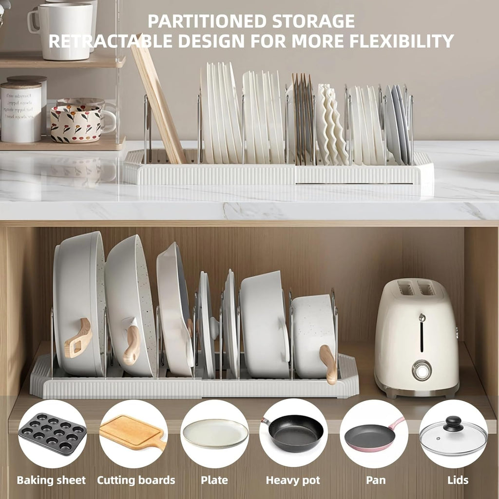 Pots and Pans Organizer Under Cabinet Pot Rack Expandable Pot Lid Holder with  Adjustable Dividers for Kitchen Storage Cutting Boards, Bakeware, Lid