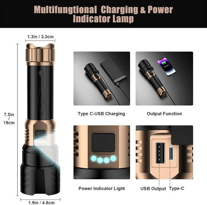 2000-lumen LED flashlight, zoomable, four modes, durable and waterproof.