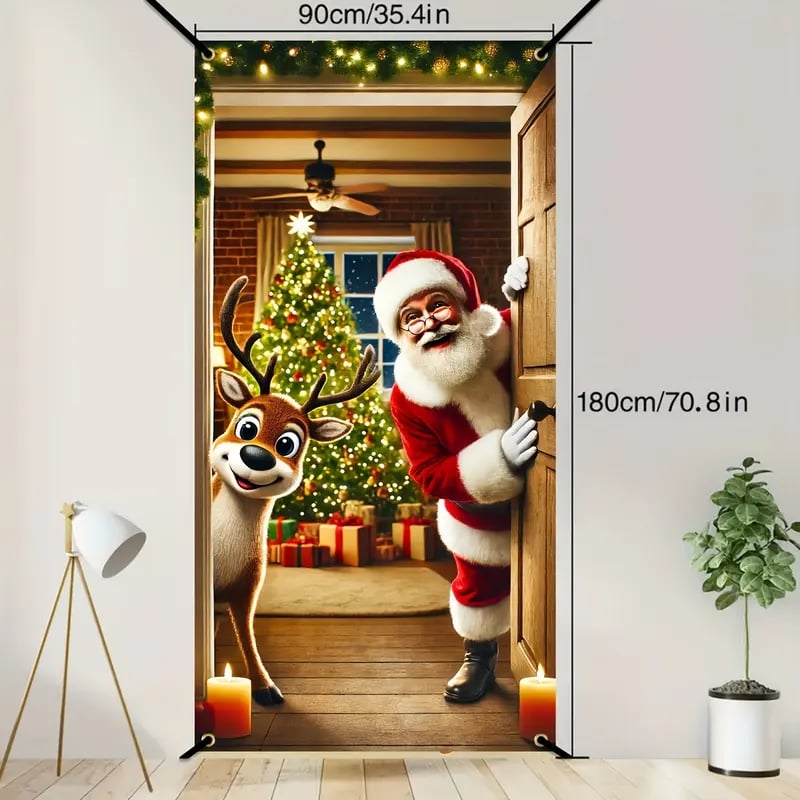 Santa Claus Door Frame Banner - Merry Christmas & Happy New Year Polyester Decoration, 70x35 inches,Suitable for Bedrooms and Doors