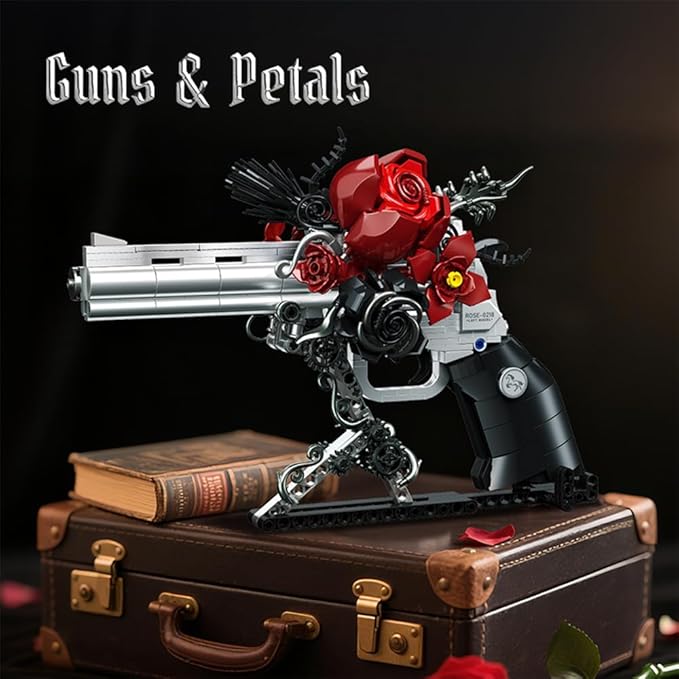 Guns & Petals Decorative Revolver Building Blocks with Red Roses