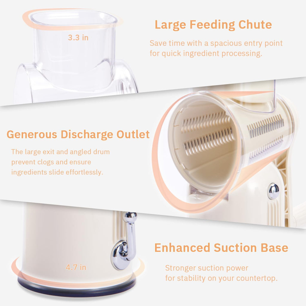 Manual Rotary Cheese Grater with Handle, 5 in 1 Replaceable Stainless Blades Cheese Shredder,Strong Suction Base Vegetable Slicer with Cleaning Brush & Bonus Storage Box for Blades