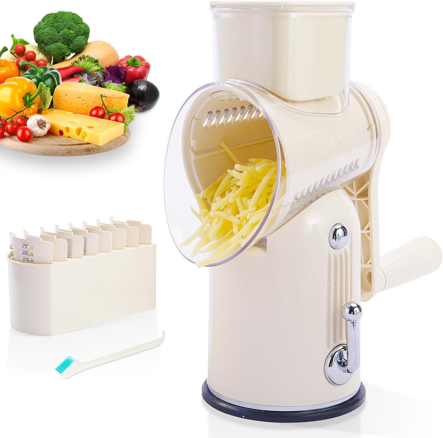 Manual Rotary Cheese Grater with Handle, 5 in 1 Replaceable Stainless Blades Cheese Shredder,Strong Suction Base Vegetable Slicer with Cleaning Brush & Bonus Storage Box for Blades