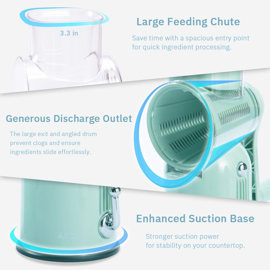 Manual Rotary Cheese Grater with Handle, 5 in 1 Replaceable Stainless Blades Cheese Shredder,Strong Suction Base Vegetable Slicer with Cleaning Brush & Bonus Storage Box for Blades