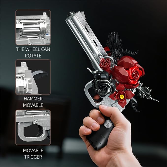 Guns & Petals Decorative Revolver Building Blocks with Red Roses