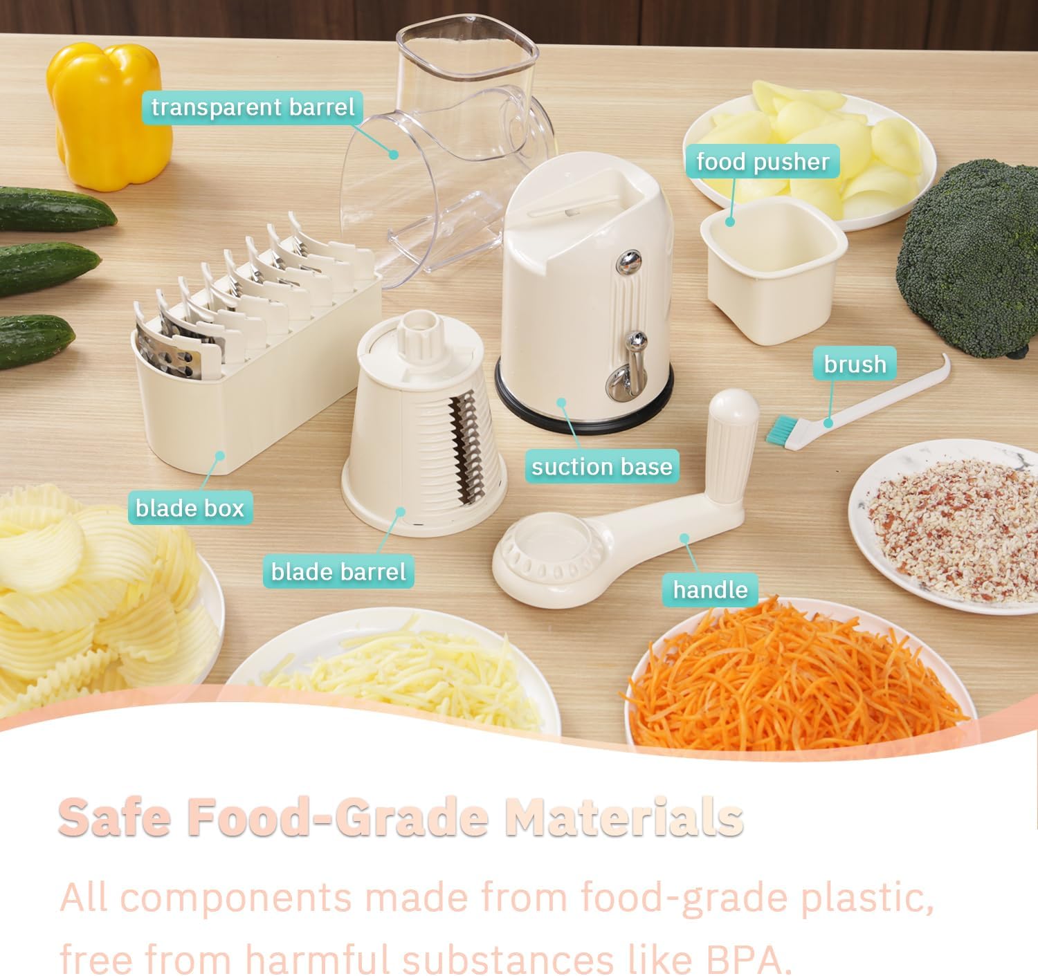Manual Rotary Cheese Grater with Handle, 5 in 1 Replaceable Stainless Blades Cheese Shredder,Strong Suction Base Vegetable Slicer with Cleaning Brush & Bonus Storage Box for Blades