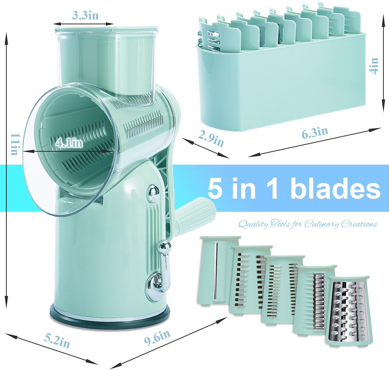 Manual Rotary Cheese Grater with Handle, 5 in 1 Replaceable Stainless Blades Cheese Shredder,Strong Suction Base Vegetable Slicer with Cleaning Brush & Bonus Storage Box for Blades