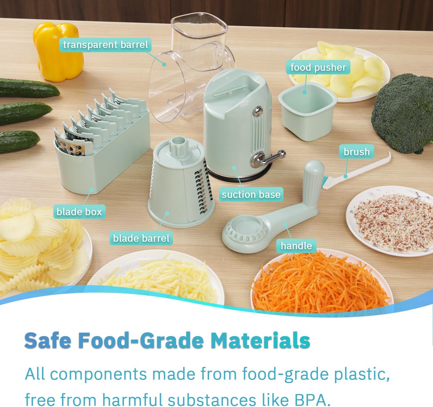 Manual Rotary Cheese Grater with Handle, 5 in 1 Replaceable Stainless Blades Cheese Shredder,Strong Suction Base Vegetable Slicer with Cleaning Brush & Bonus Storage Box for Blades