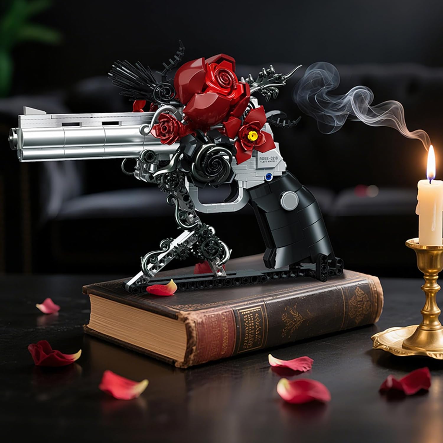 Guns & Petals Decorative Revolver Building Blocks with Red Roses
