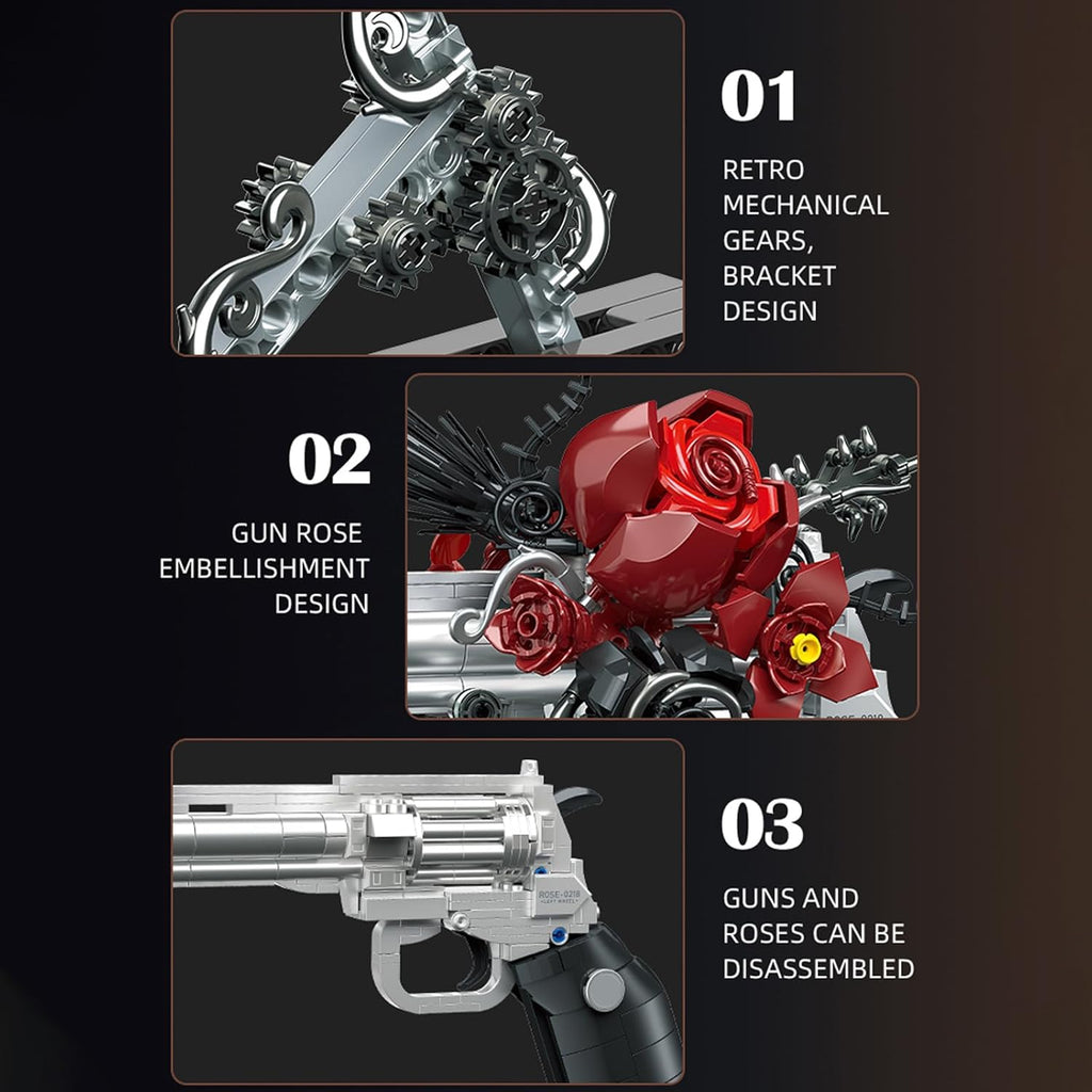Guns & Petals Decorative Revolver Building Blocks with Red Roses