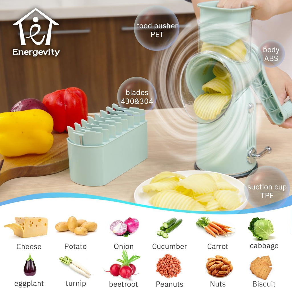 Manual Rotary Cheese Grater with Handle, 5 in 1 Replaceable Stainless Blades Cheese Shredder,Strong Suction Base Vegetable Slicer with Cleaning Brush & Bonus Storage Box for Blades
