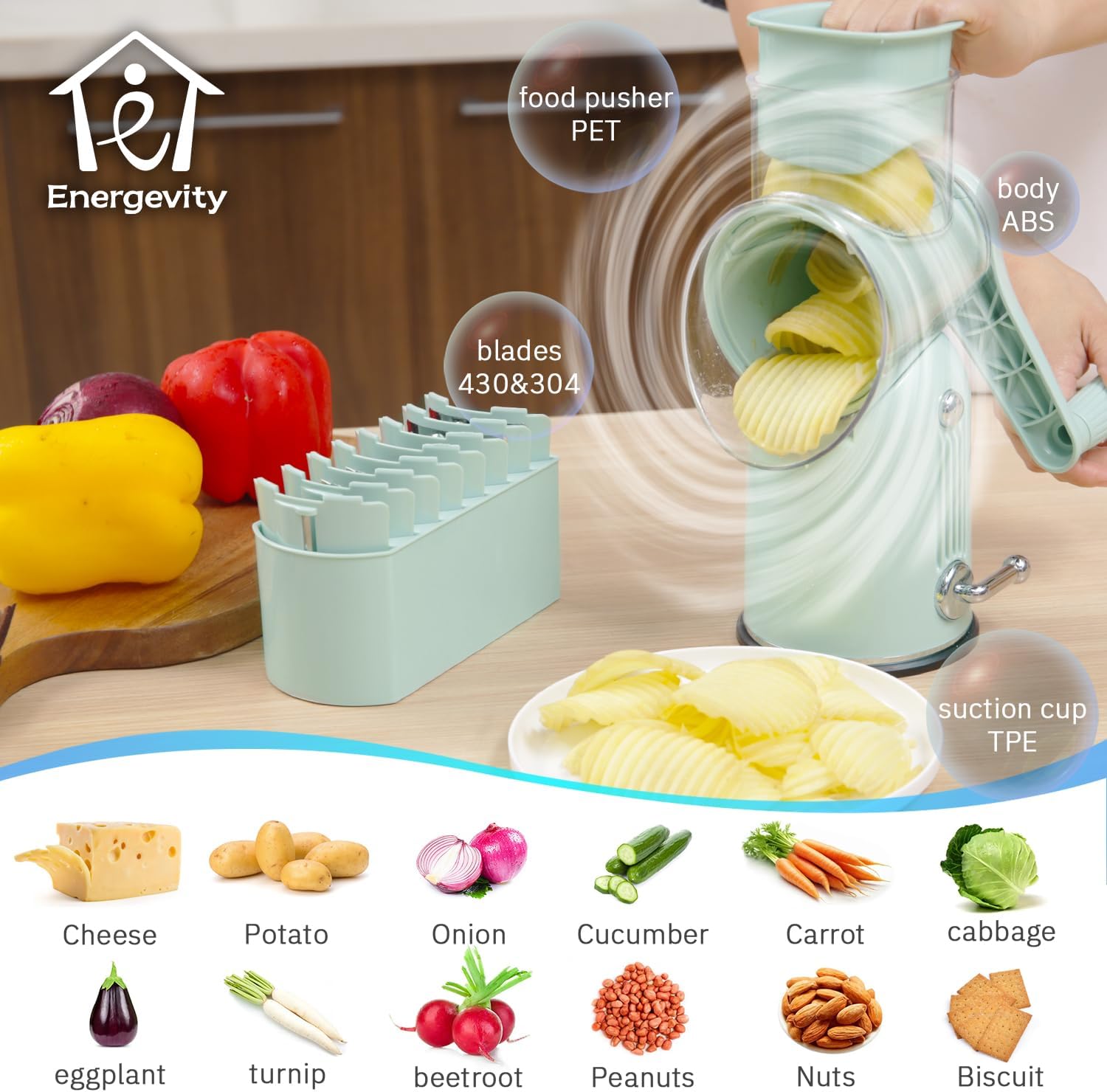 Manual Rotary Cheese Grater with Handle, 5 in 1 Replaceable Stainless Blades Cheese Shredder,Strong Suction Base Vegetable Slicer with Cleaning Brush & Bonus Storage Box for Blades