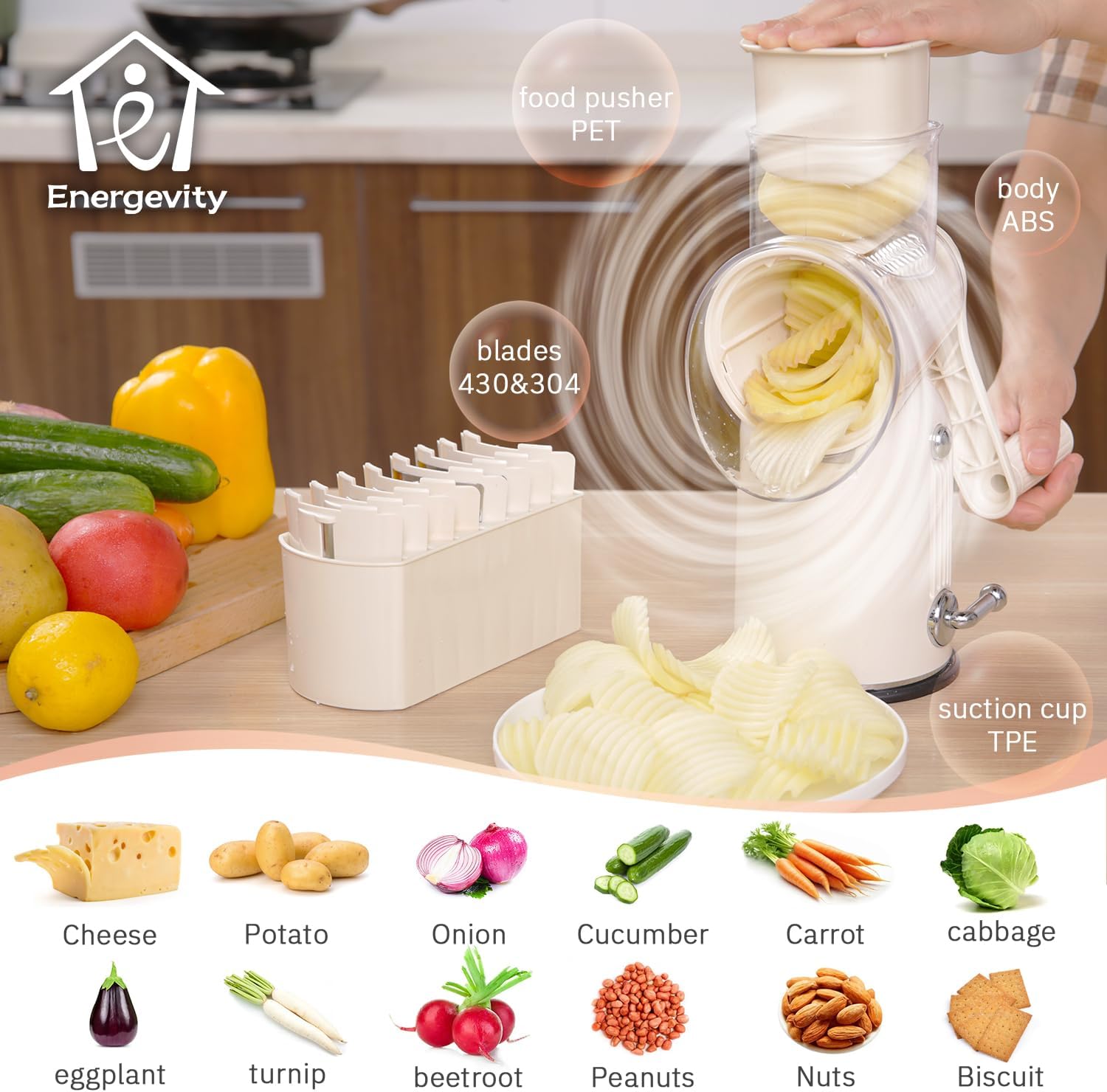 Manual Rotary Cheese Grater with Handle, 5 in 1 Replaceable Stainless Blades Cheese Shredder,Strong Suction Base Vegetable Slicer with Cleaning Brush & Bonus Storage Box for Blades