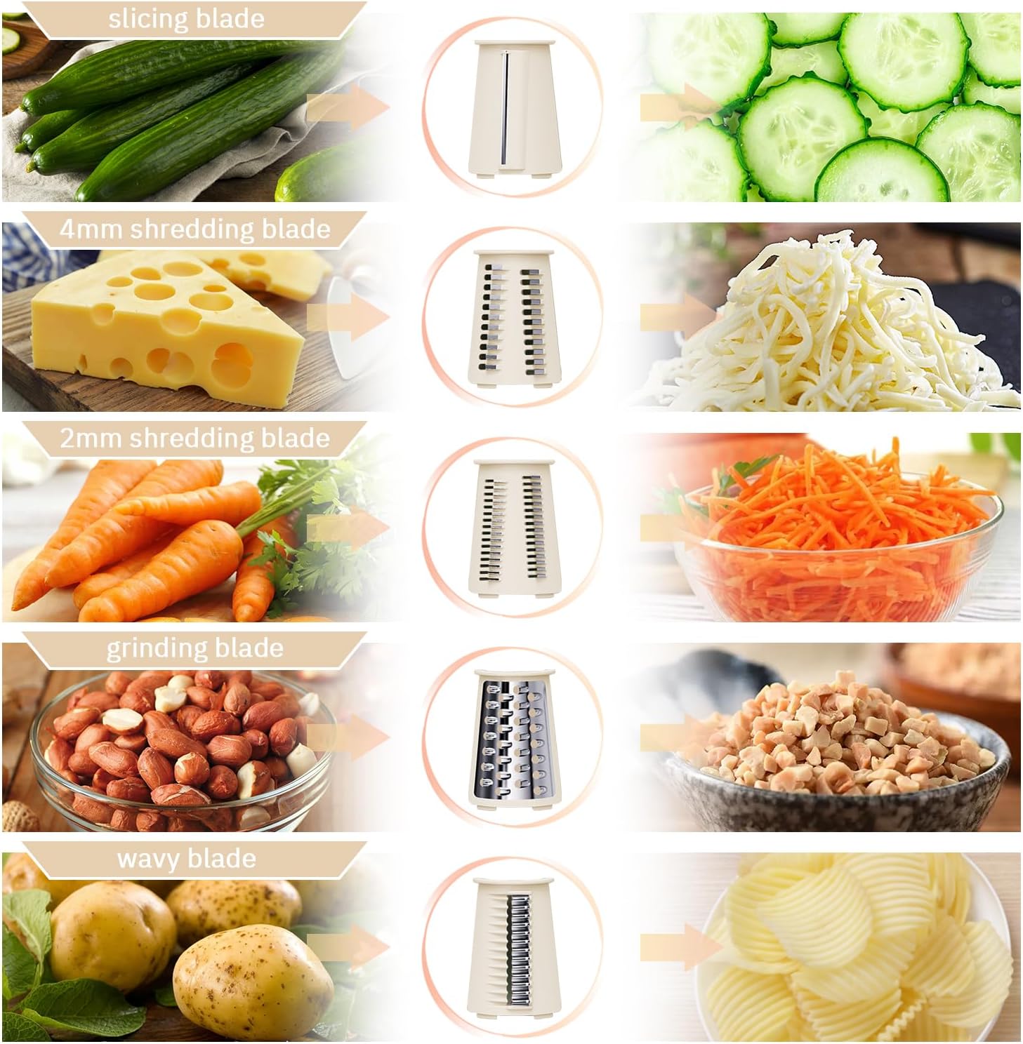 Manual Rotary Cheese Grater with Handle, 5 in 1 Replaceable Stainless Blades Cheese Shredder,Strong Suction Base Vegetable Slicer with Cleaning Brush & Bonus Storage Box for Blades