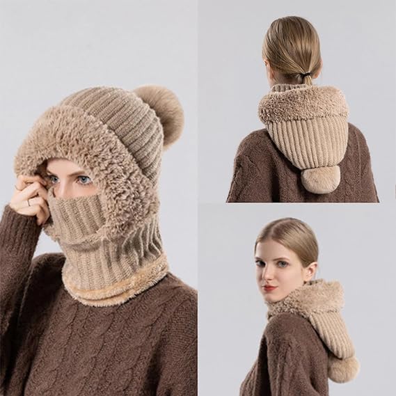 Women's Knitted Hat in Autumn and Winter, 3 in 1 Cold Resistant Hat