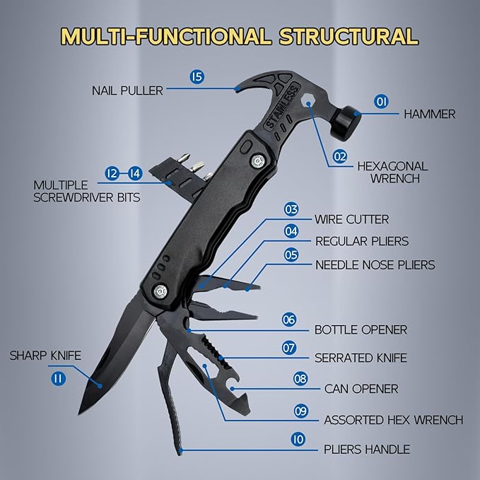 Multi-Functional Safety Hammer Multitool – 15-in-1