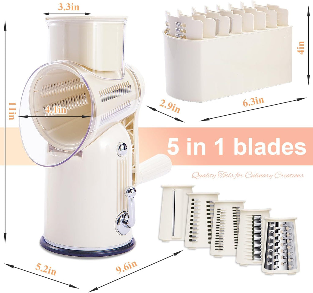 Manual Rotary Cheese Grater with Handle, 5 in 1 Replaceable Stainless Blades Cheese Shredder,Strong Suction Base Vegetable Slicer with Cleaning Brush & Bonus Storage Box for Blades