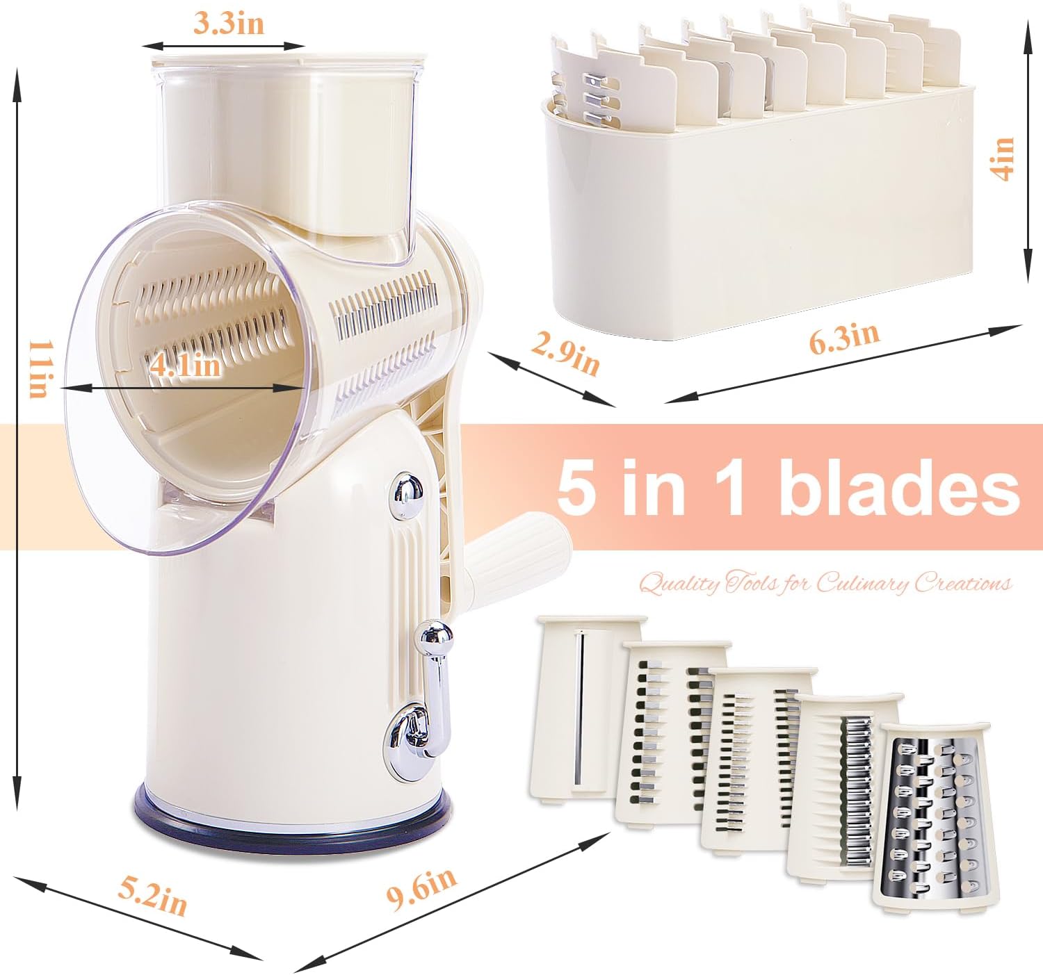 Manual Rotary Cheese Grater with Handle, 5 in 1 Replaceable Stainless Blades Cheese Shredder,Strong Suction Base Vegetable Slicer with Cleaning Brush & Bonus Storage Box for Blades