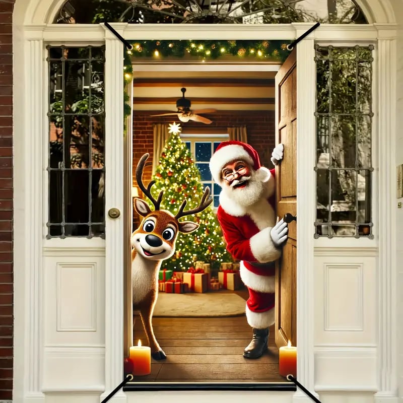 Santa Claus Door Frame Banner - Merry Christmas & Happy New Year Polyester Decoration, 70x35 inches,Suitable for Bedrooms and Doors