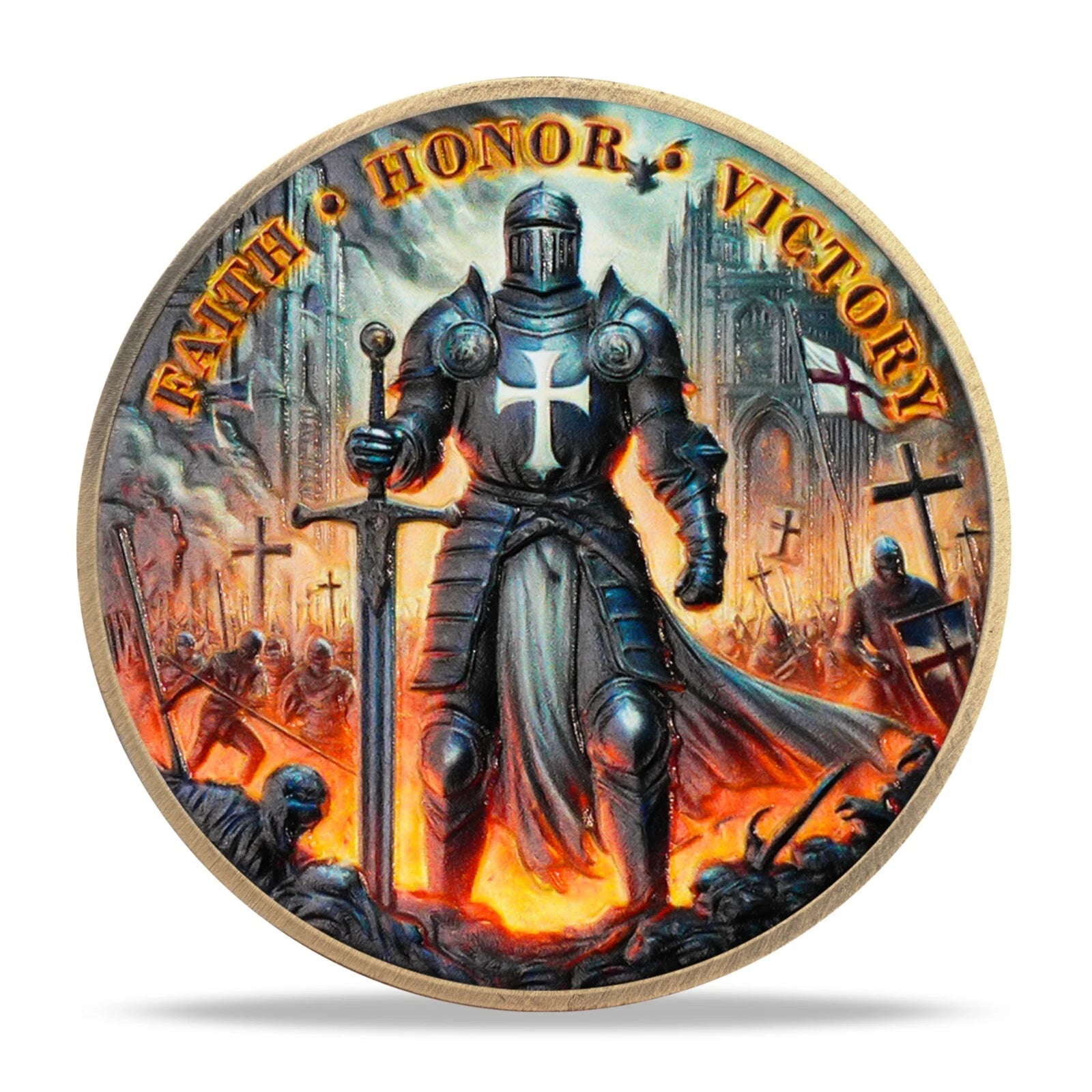 Battlefire Knight Cross Challenge Coin | Chivalric Valor & Sacred Shield Medallion | Battlefire Knight Historical Token