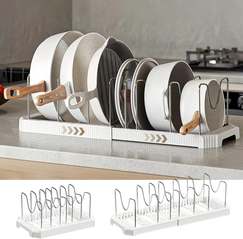 Pots and Pans Organizer Under Cabinet Pot Rack Expandable Pot Lid Holder with  Adjustable Dividers for Kitchen Storage Cutting Boards, Bakeware, Lid