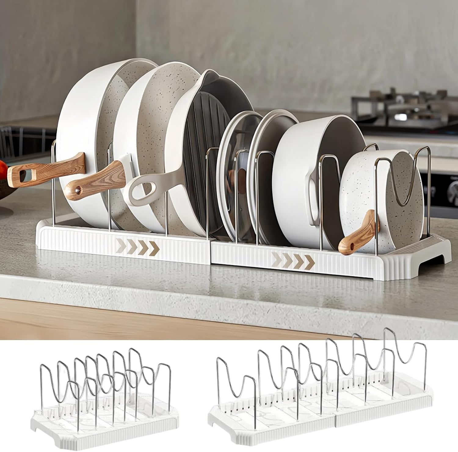 Pots and Pans Organizer Under Cabinet Pot Rack Expandable Pot Lid Holder with  Adjustable Dividers for Kitchen Storage Cutting Boards, Bakeware, Lid