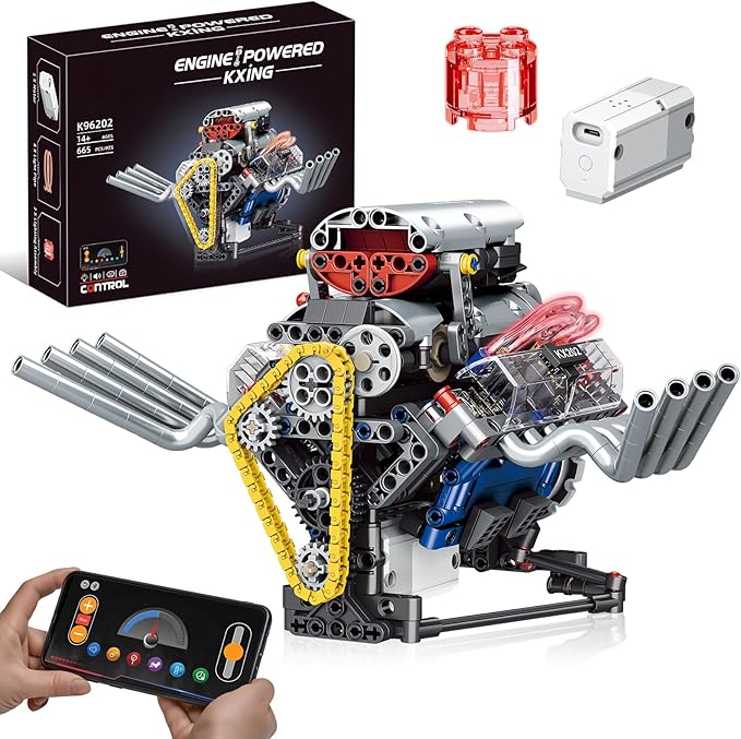 V8 Engine Model Kit That Works, APP Controlled Mini V8 Engine Building Block Set for Adults