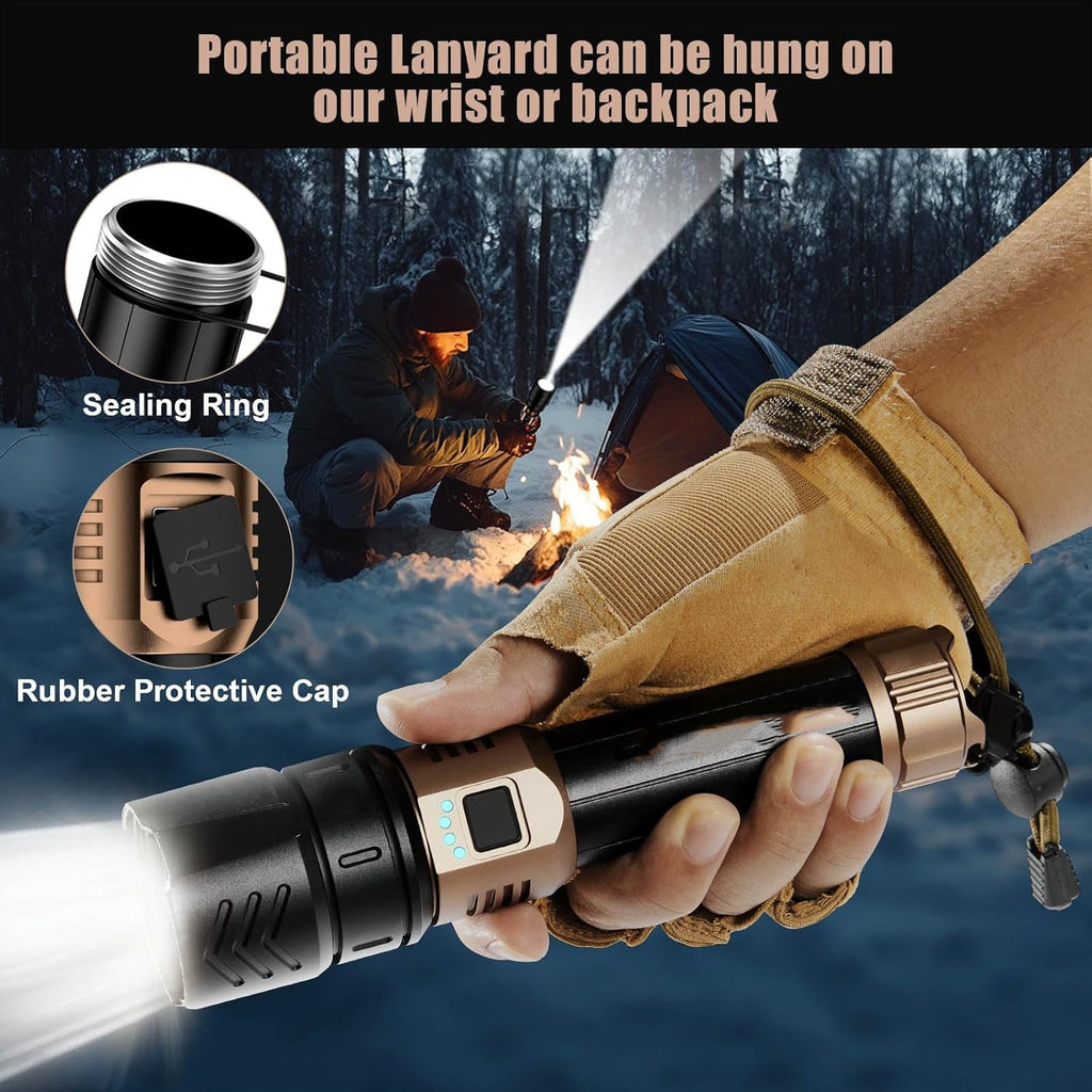 2000-lumen LED flashlight, zoomable, four modes, durable and waterproof.