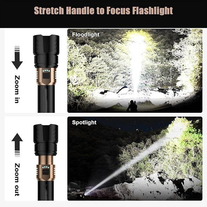 2000-lumen LED flashlight, zoomable, four modes, durable and waterproof.