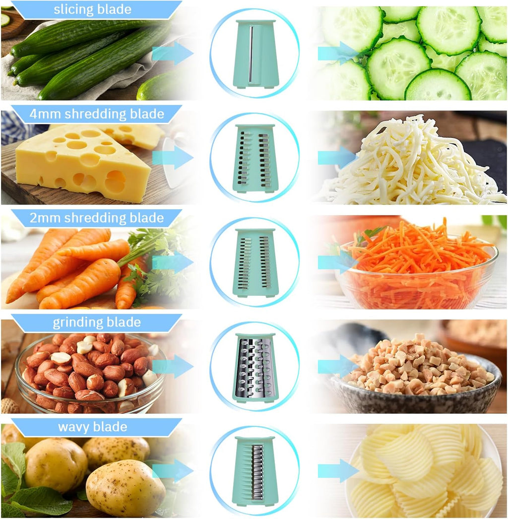 Manual Rotary Cheese Grater with Handle, 5 in 1 Replaceable Stainless Blades Cheese Shredder,Strong Suction Base Vegetable Slicer with Cleaning Brush & Bonus Storage Box for Blades