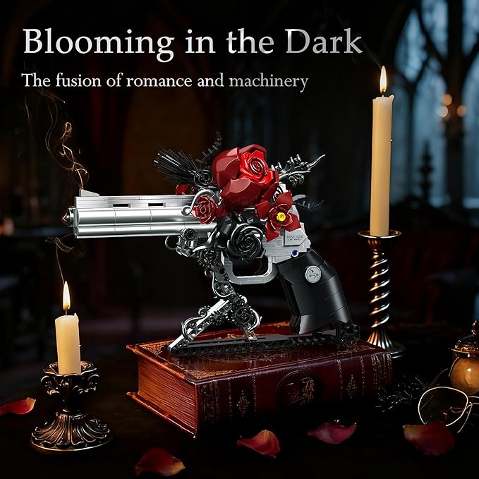 Guns & Petals Decorative Revolver Building Blocks with Red Roses