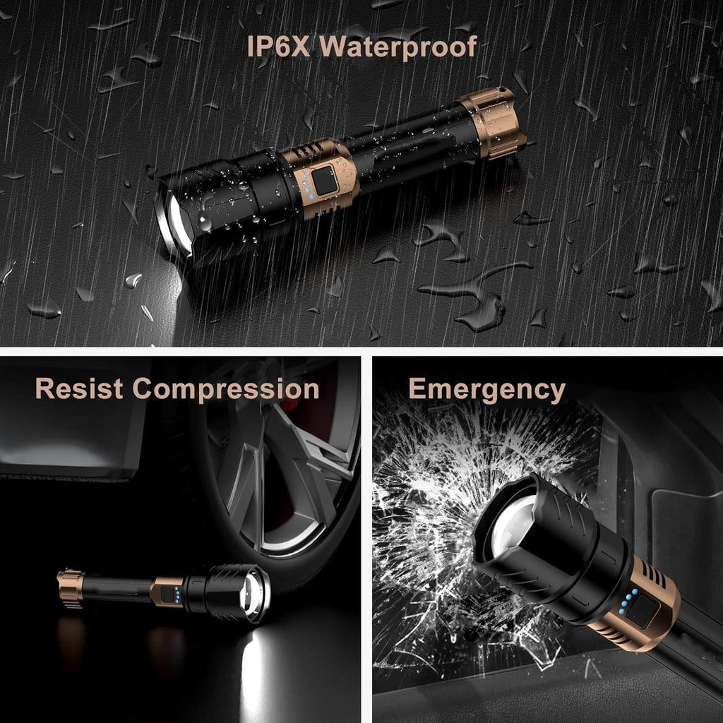 2000-lumen LED flashlight, zoomable, four modes, durable and waterproof.