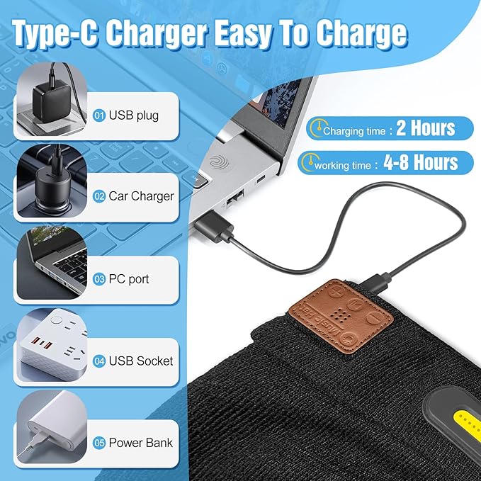 🎁Last Day Promotion 49% OFF🔥Bluetooth Beanie with Light, Unisex USB Rechargeable 4 LED Fashlight Hat with Cordless Headphones