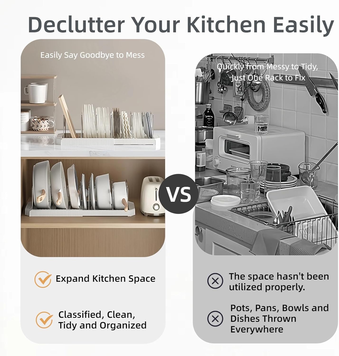 Pots and Pans Organizer Under Cabinet Pot Rack Expandable Pot Lid Holder with  Adjustable Dividers for Kitchen Storage Cutting Boards, Bakeware, Lid