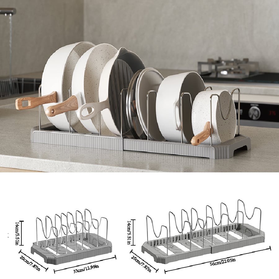 Pots and Pans Organizer Under Cabinet Pot Rack Expandable Pot Lid Holder with  Adjustable Dividers for Kitchen Storage Cutting Boards, Bakeware, Lid