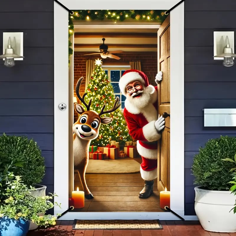 Santa Claus Door Frame Banner - Merry Christmas & Happy New Year Polyester Decoration, 70x35 inches,Suitable for Bedrooms and Doors