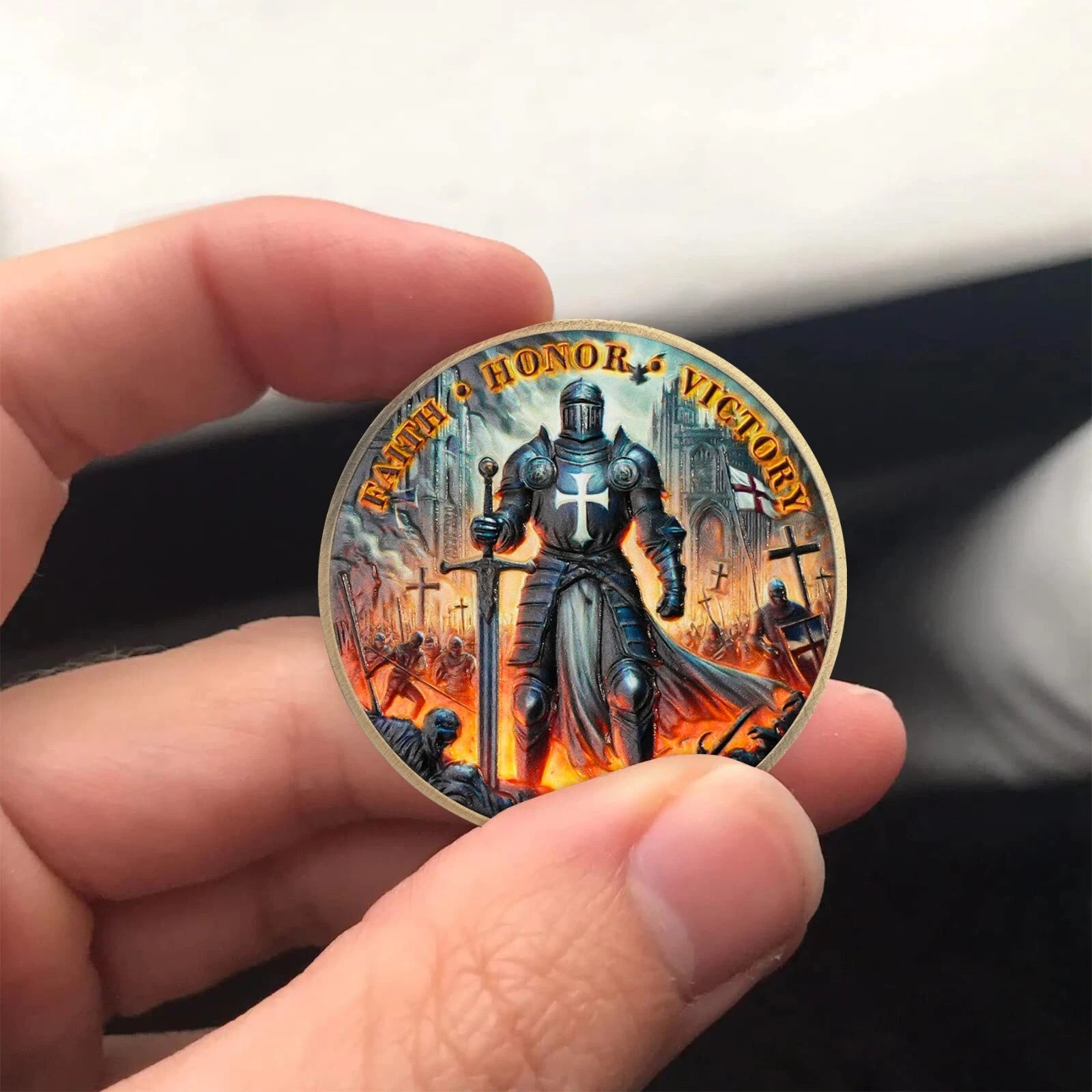 Battlefire Knight Cross Challenge Coin | Chivalric Valor & Sacred Shield Medallion | Battlefire Knight Historical Token