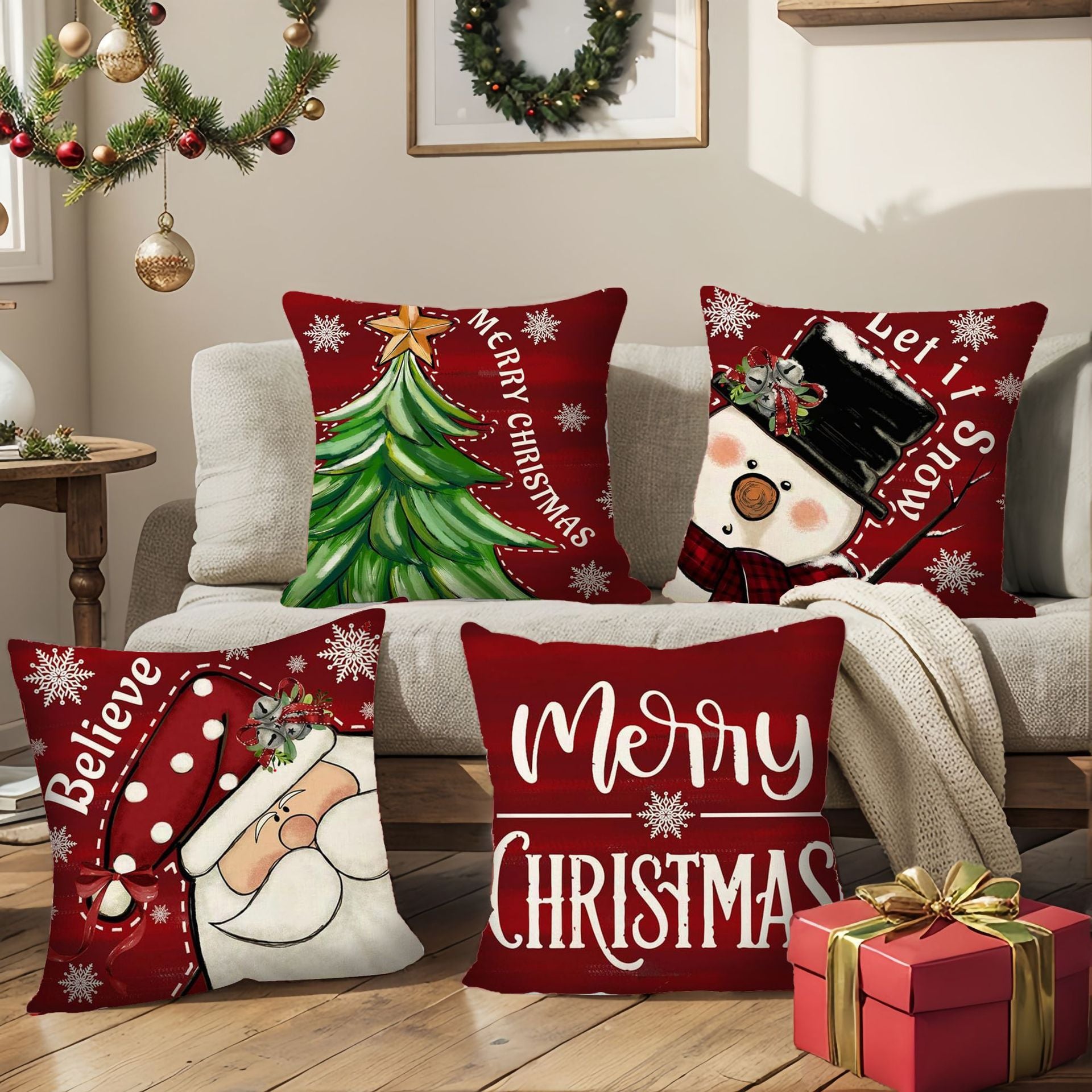 Christmas throw pillow set for home decoration set of four pieces