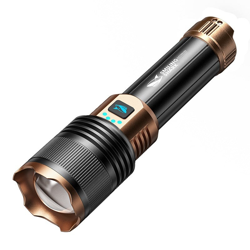 2000-lumen LED flashlight, zoomable, four modes, durable and waterproof.