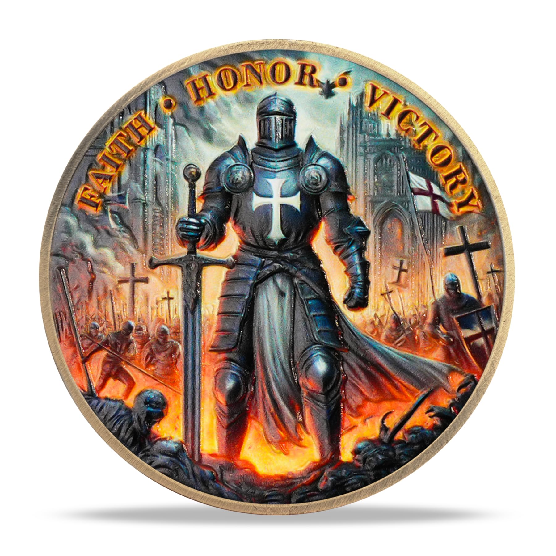 Battlefire Knight Cross Challenge Coin | Chivalric Valor & Sacred Shield Medallion | Battlefire Knight Historical Token