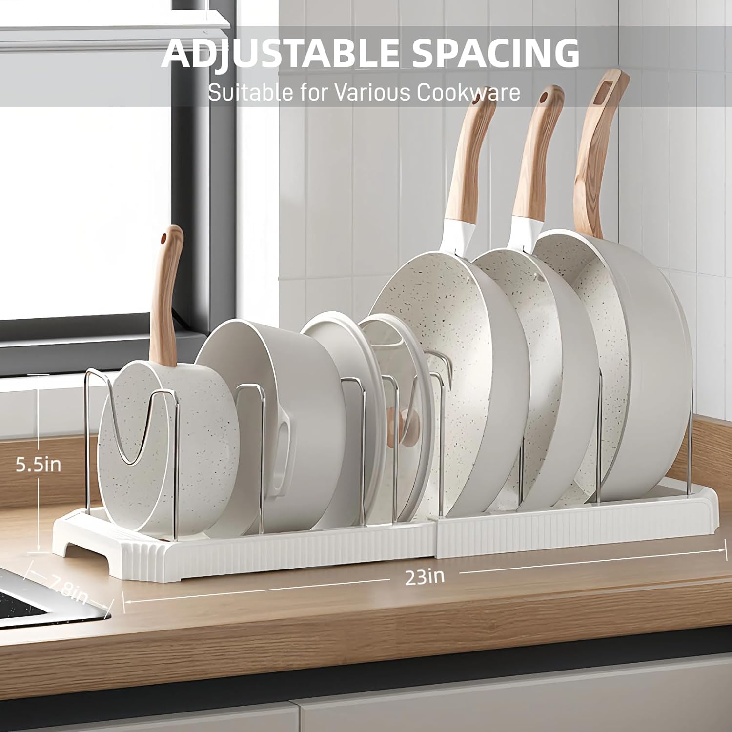 Pots and Pans Organizer Under Cabinet Pot Rack Expandable Pot Lid Holder with  Adjustable Dividers for Kitchen Storage Cutting Boards, Bakeware, Lid