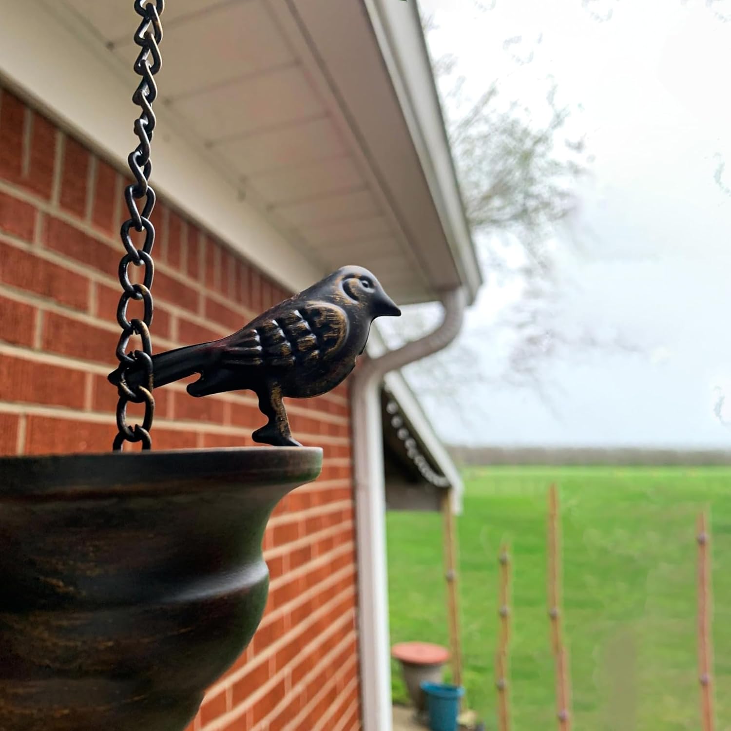 Where Rain Meets Art – Decorative Rain Chain with Bird Bath Design