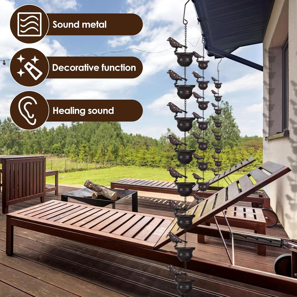 Where Rain Meets Art – Decorative Rain Chain with Bird Bath Design