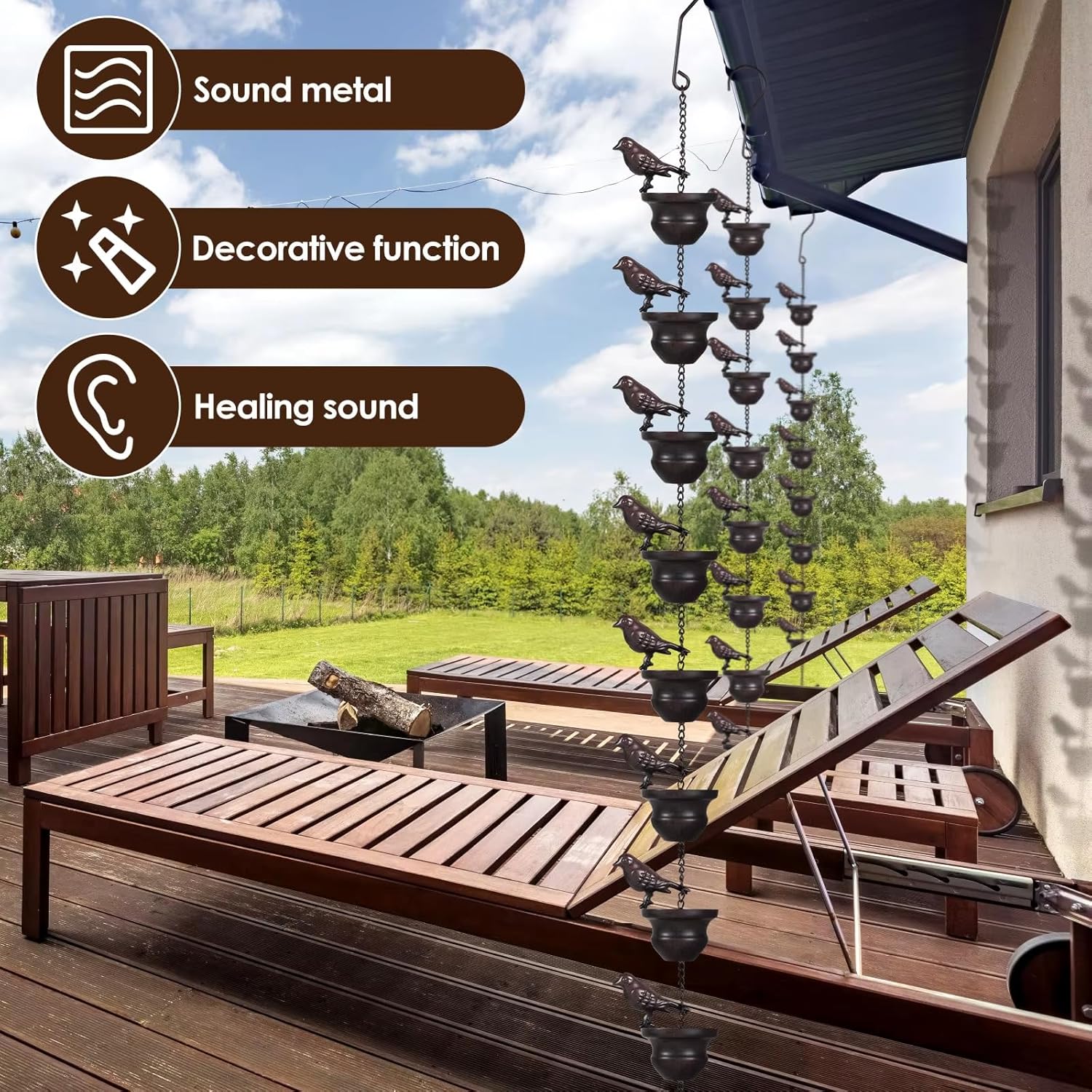 Where Rain Meets Art – Decorative Rain Chain with Bird Bath Design