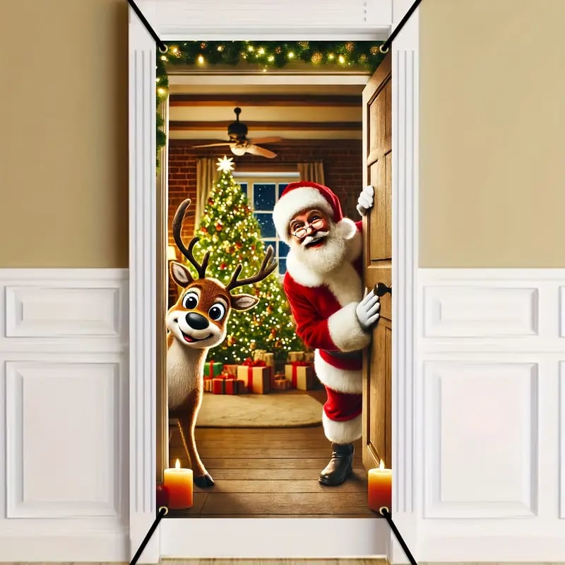 Santa Claus Door Frame Banner - Merry Christmas & Happy New Year Polyester Decoration, 70x35 inches,Suitable for Bedrooms and Doors