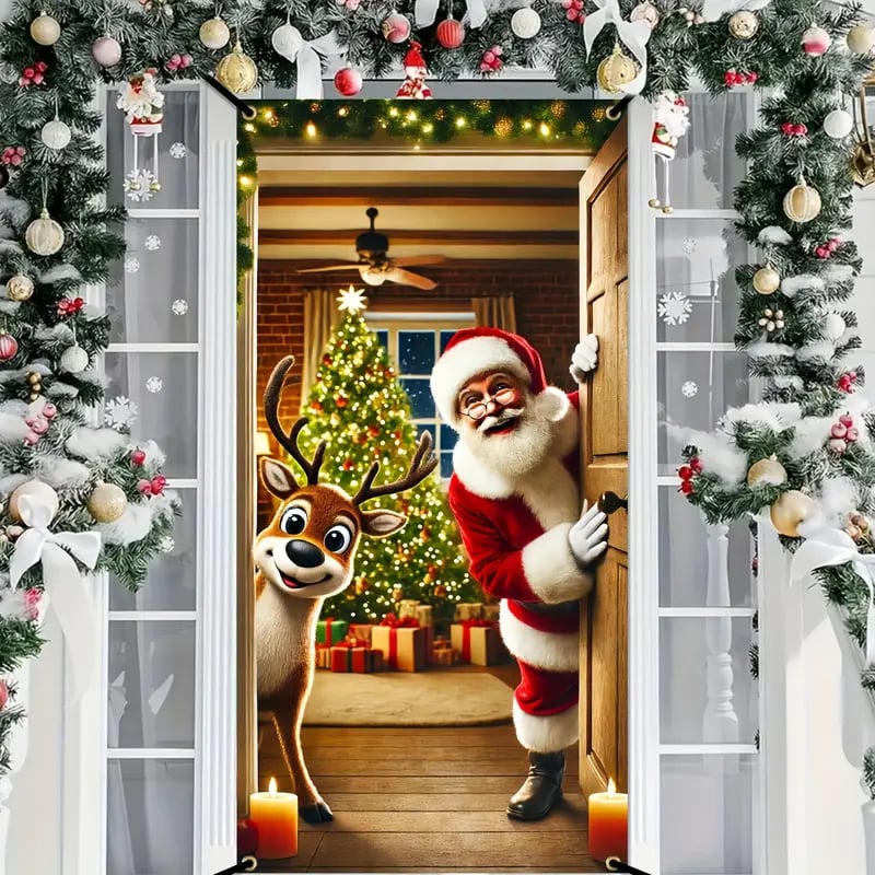 Santa Claus Door Frame Banner - Merry Christmas & Happy New Year Polyester Decoration, 70x35 inches,Suitable for Bedrooms and Doors