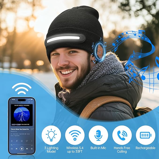 🎁Last Day Promotion 49% OFF🔥Bluetooth Beanie with Light, Unisex USB Rechargeable 4 LED Fashlight Hat with Cordless Headphones